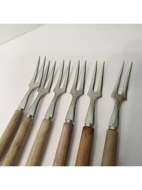 6 Vtg MCM Teak & Stainless Steel Two-Prong Hors Doeuvre Small Forks 4"